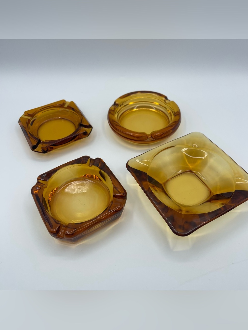 Vintage Amber Glass Square round Ashtray LOT of 4 MCM